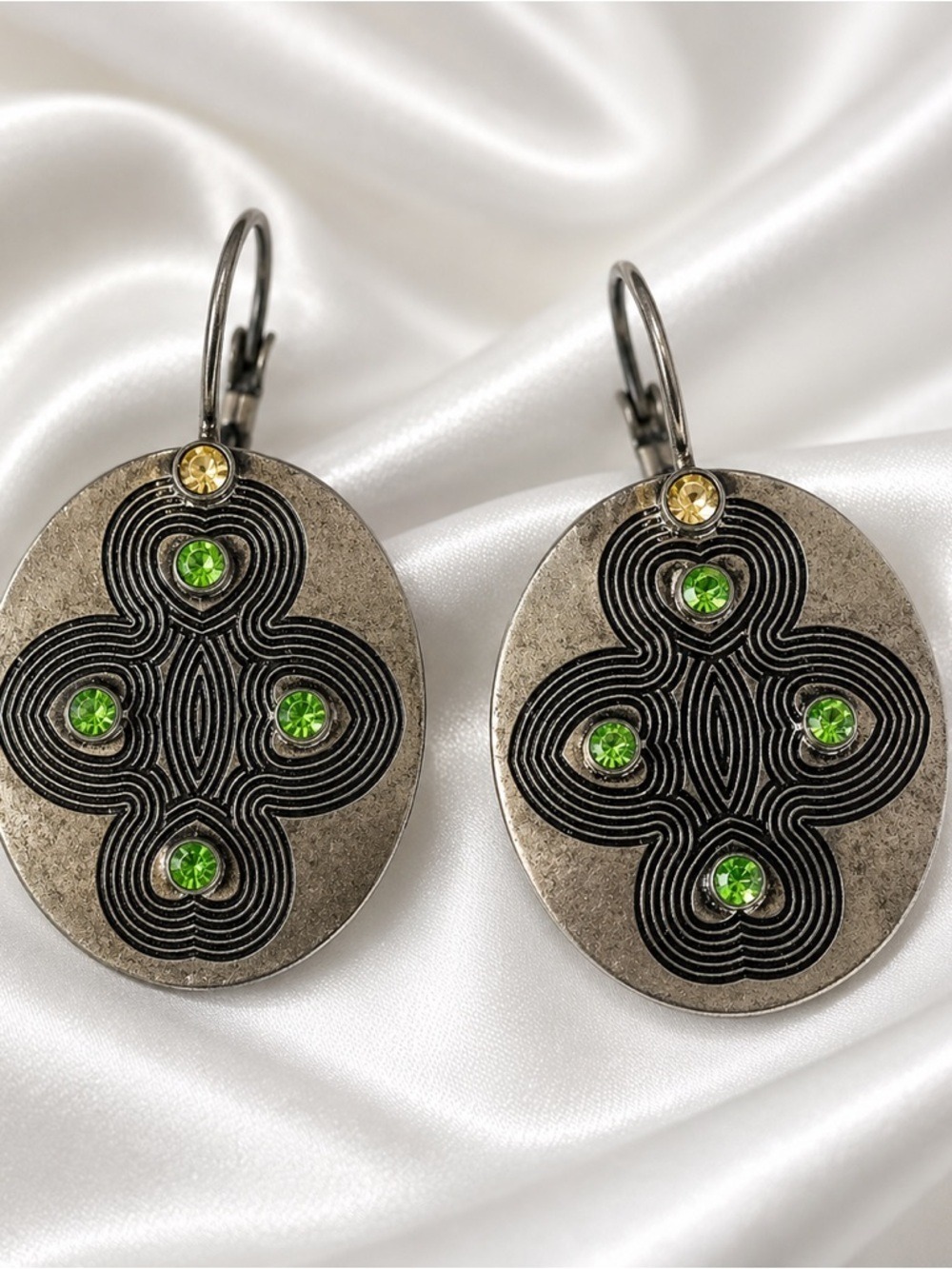 Vintage 80s Tribal Earrings Large Green Rhinestone